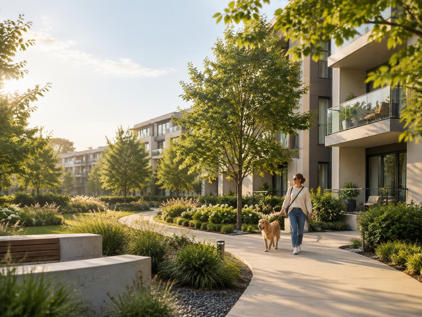 A resident walking her dog through a peaceful condominium courtyard